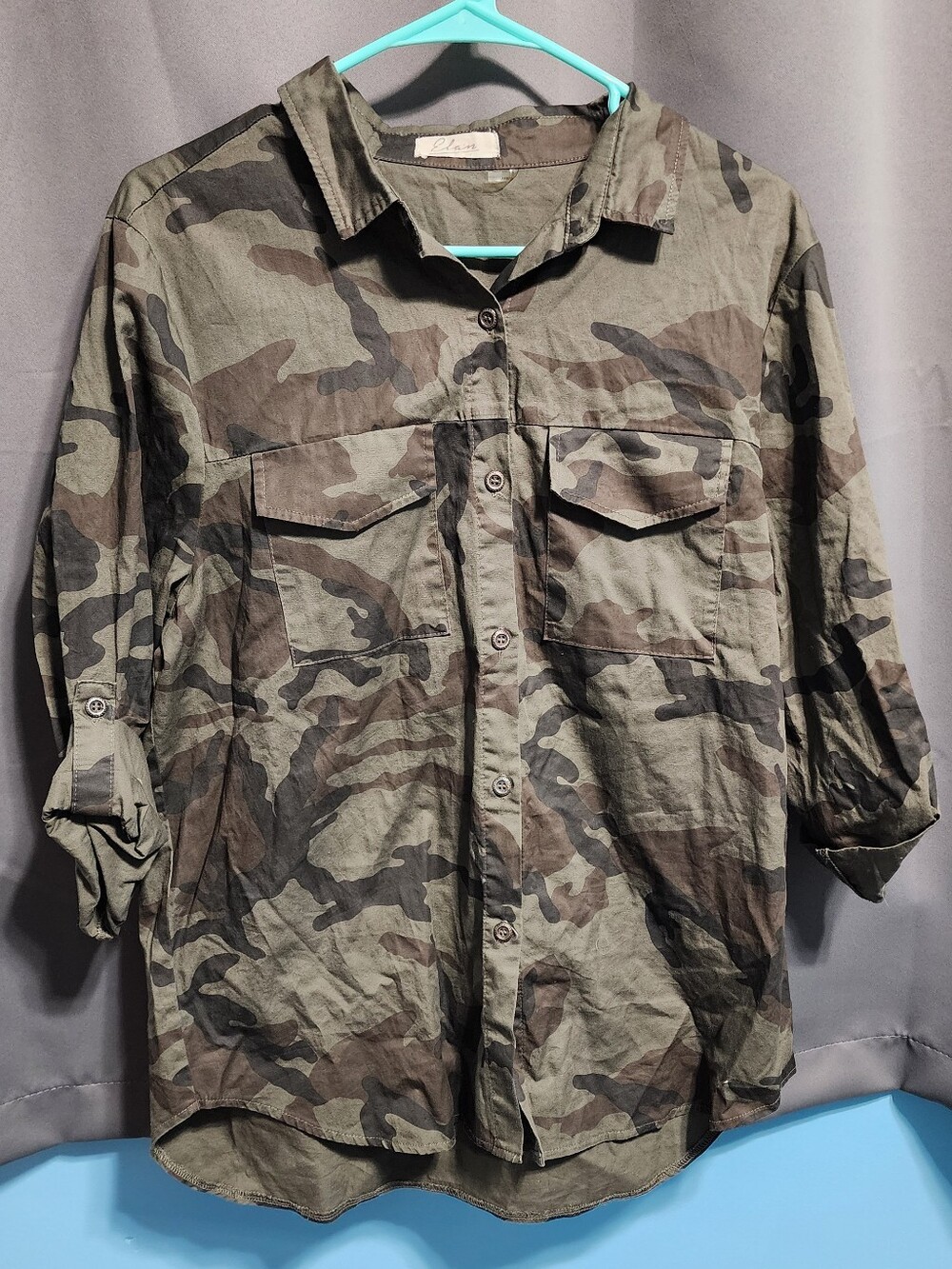 Elan Green Camouflage Button Down Utility Shirt Women's Size Large 100% Cotton
